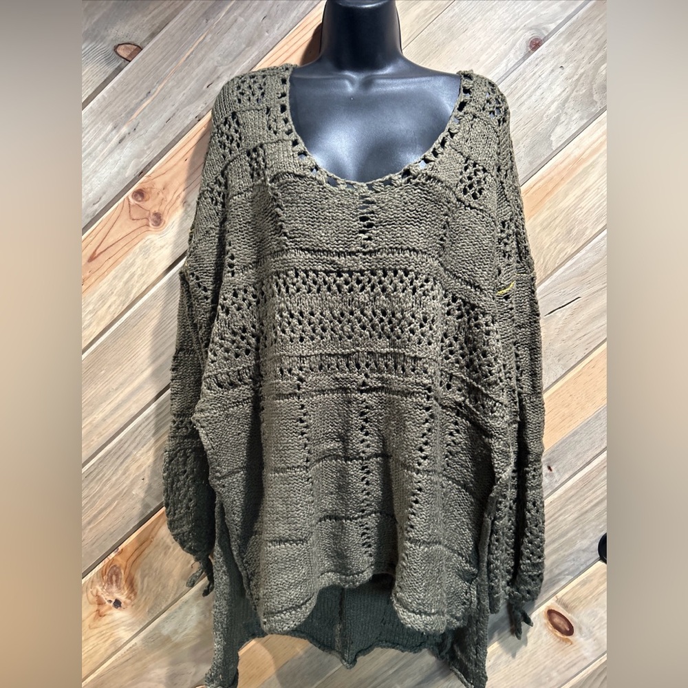 Free People Olive Multi Knit Split Tie Cuff Long Balloon Sleeve Tunic Sweater